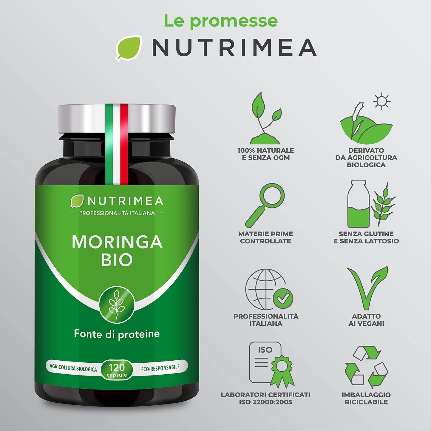 Moringa Oleifera Biologica | 330 mg | Ricca di Proteine, Vitamine e Antiossidanti | Fonte di Energia | Immunostimolante | 120 Capsule Vegane | Trattamento 4 Mesi | Nutrimea