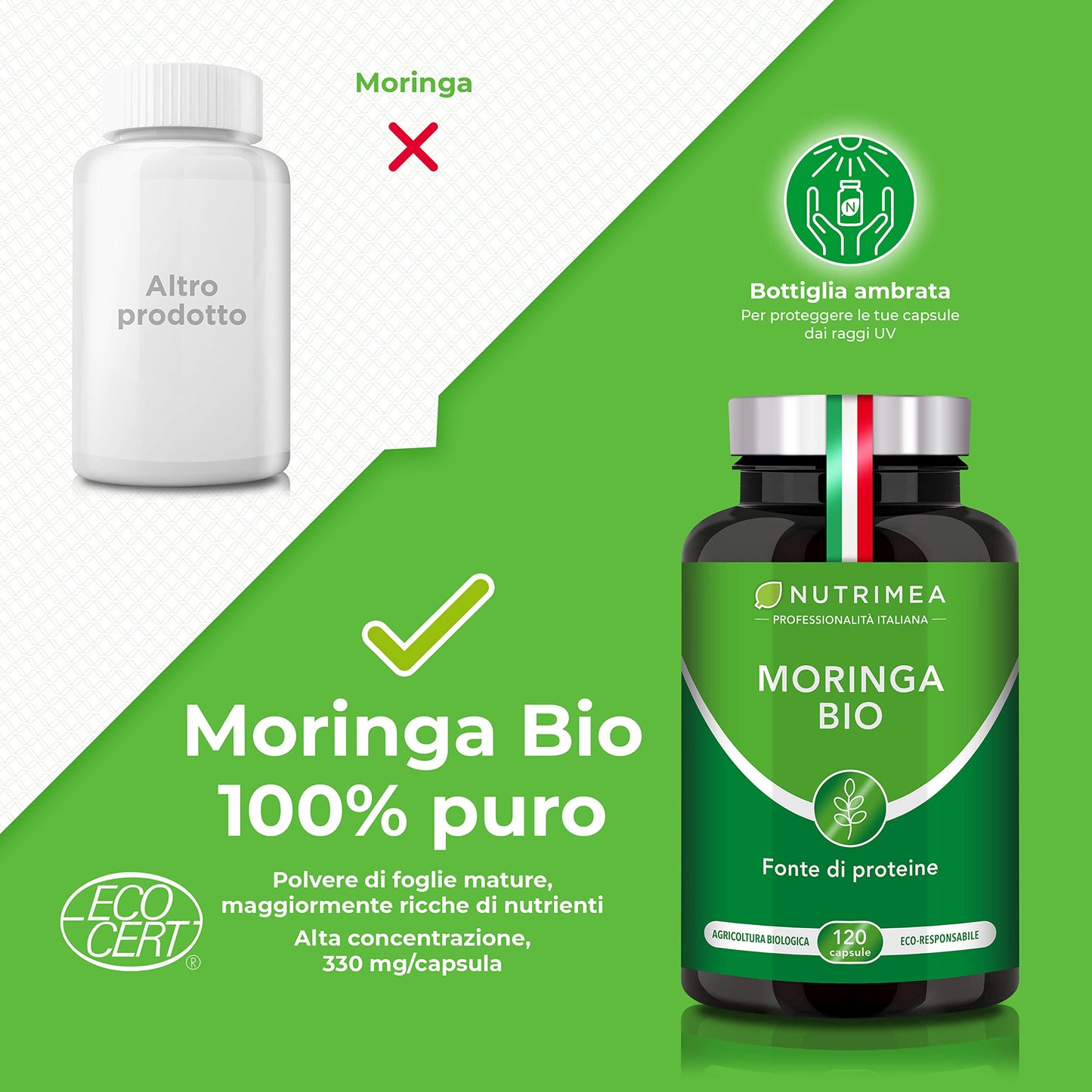 Moringa Oleifera Biologica | 330 mg | Ricca di Proteine, Vitamine e Antiossidanti | Fonte di Energia | Immunostimolante | 120 Capsule Vegane | Trattamento 4 Mesi | Nutrimea