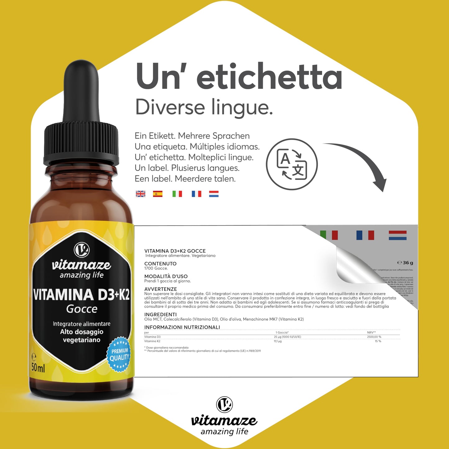 Vitamina D3 + K2 Gocce, 1000 UI ad Alta Dose, Vegetariano & Liquido (99,7+% All-Trans MK-7), 50 ml (1700 Gocce), Elevata Biodisponibilità, Nessun Additivo Inutile