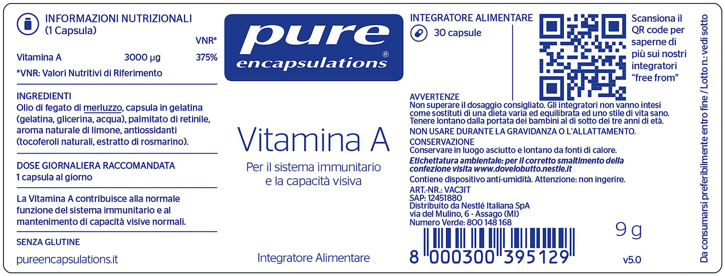 Pure Encapsulations - Vitamina A 10.000 IU - Supporto alla Vista, Funzioni Cognitive e Salute della Pelle - 30 Capsule Softgel