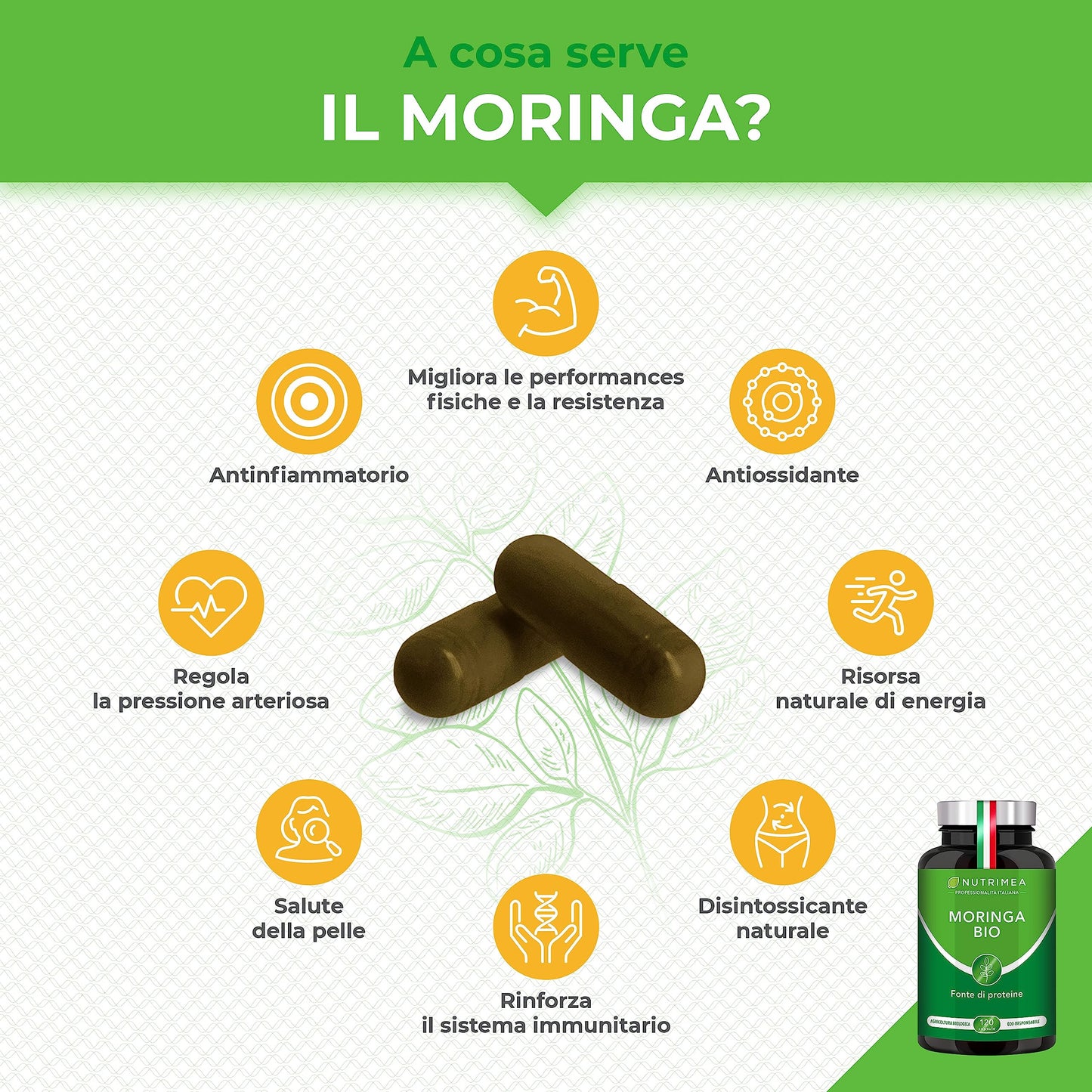 Moringa Oleifera Biologica | 330 mg | Ricca di Proteine, Vitamine e Antiossidanti | Fonte di Energia | Immunostimolante | 120 Capsule Vegane | Trattamento 4 Mesi | Nutrimea