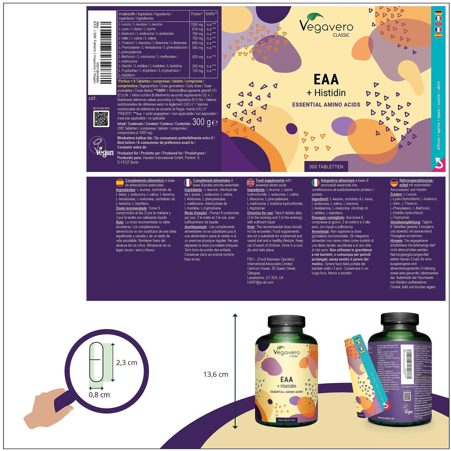 EAA Aminoacidi Essenziali | NATURALI da Fermentazione e SENZA ADDITIVI | 8 EAA con Aminoacidi Ramificati BCAA 2.1.1 | 300 compresse | VEGAN | Vegavero®