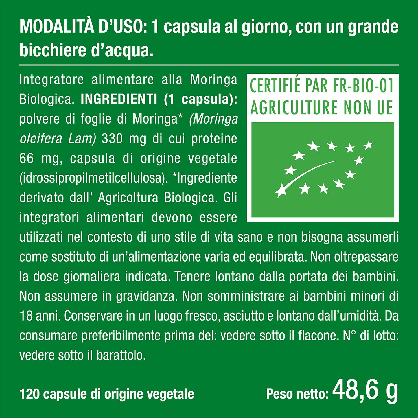 Moringa Oleifera Biologica | 330 mg | Ricca di Proteine, Vitamine e Antiossidanti | Fonte di Energia | Immunostimolante | 120 Capsule Vegane | Trattamento 4 Mesi | Nutrimea