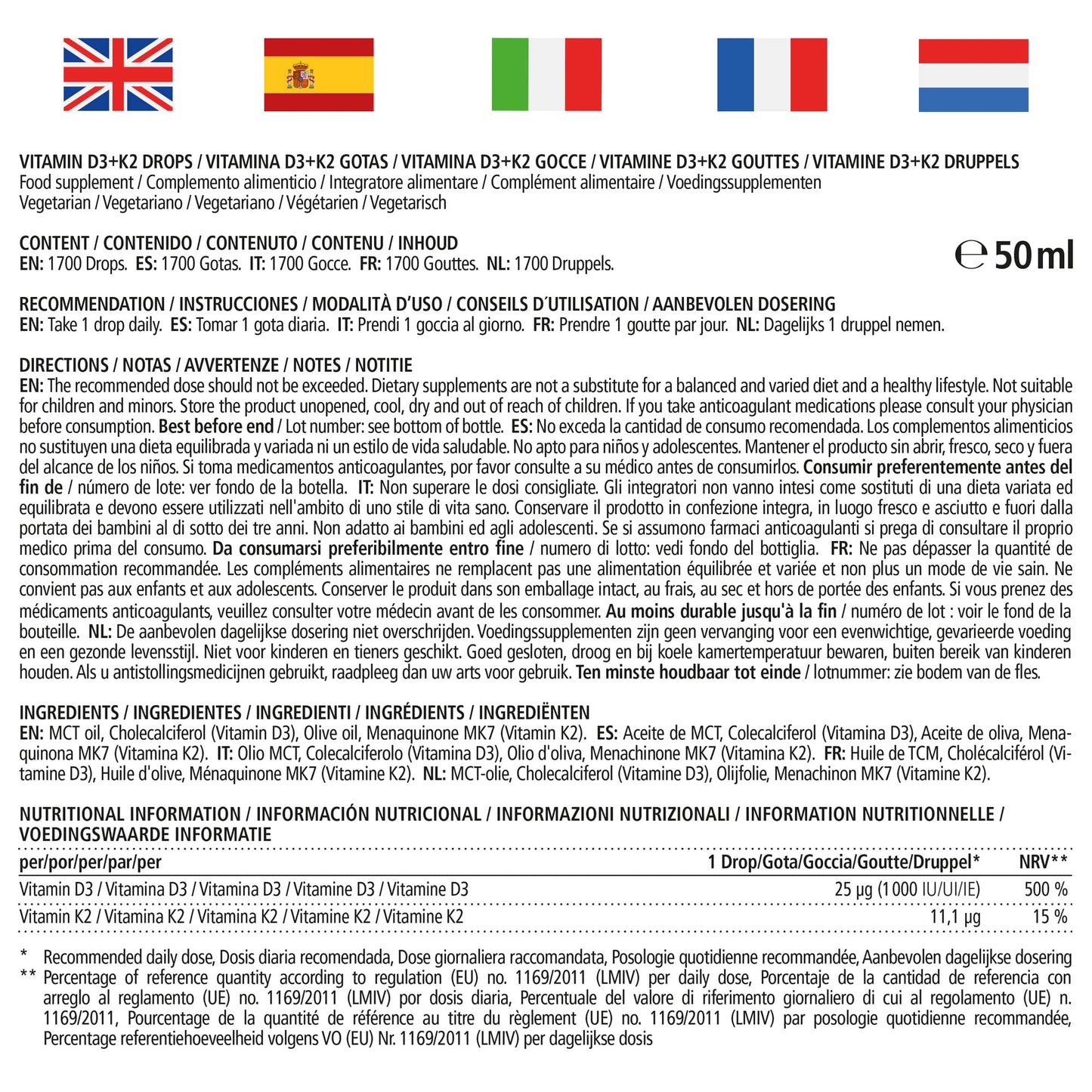 Vitamina D3 + K2 Gocce, 1000 UI ad Alta Dose, Vegetariano & Liquido (99,7+% All-Trans MK-7), 50 ml (1700 Gocce), Elevata Biodisponibilità, Nessun Additivo Inutile